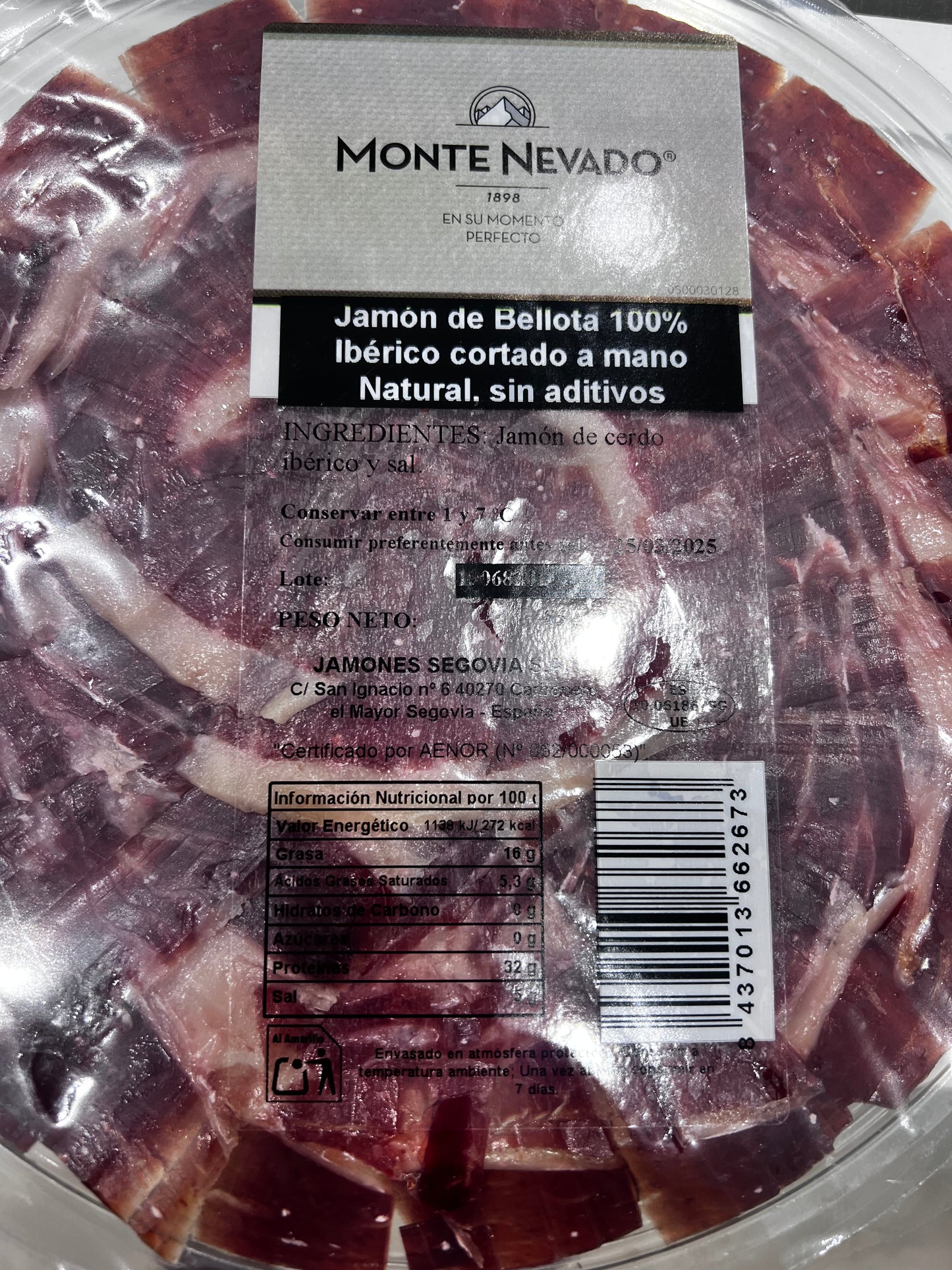 Jamón Bellota 100% iberico cortado a cuchillo 85 gr Monte Nevado