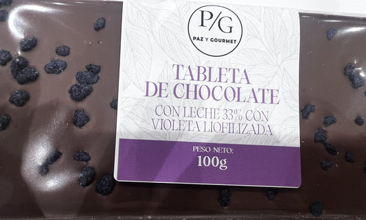 Tableta de chocolate con leche (33%)  con violeta liofilizada (100 gr)