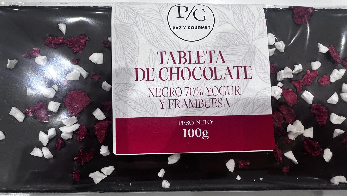 Tableta de chocolate negro 70 % con yogurt y frambuesa (100 gr)